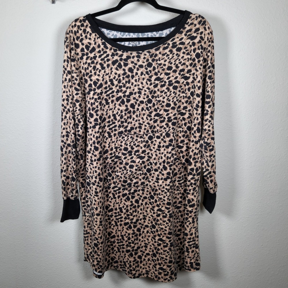 Pillow Talk Women's Leopard Print Long Sleeve Nightgown Black Beige Sz Medium
